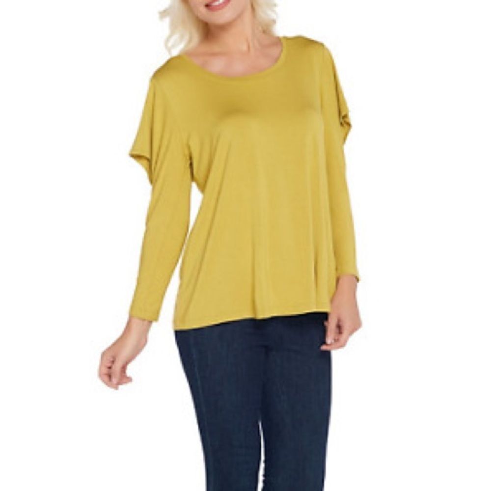 H by Halston Cut-Away Flounce Slvs Scoop Neck Knit Top